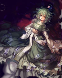 Rule 34 | 1girl, alternate costume, cis (carcharias), female focus, ghost tail, green eyes, green hair, hand on own stomach, hat, japanese clothes, lying, matching hair/eyes, ofuda, on back, open mouth, short hair, soga no tojiko, solo, tate eboshi, touhou, unfinished