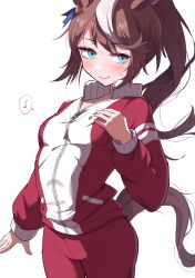 Rule 34 | 1girl, alternate costume, animal ears, blue eyes, blush, breasts, brown hair, collarbone, commentary, gym shirt, gym uniform, hair between eyes, hair ornament, highres, horse ears, horse girl, horse tail, itosu200, jacket, long hair, long sleeves, looking at viewer, multicolored hair, musical note, open clothes, open jacket, ponytail, red jacket, red shorts, shirt, shorts, simple background, small breasts, smile, solo, sportswear, streaked hair, tail, tokai teio (umamusume), tracen training uniform, track jacket, umamusume, wardrobe malfunction, white background, white hair, white shirt