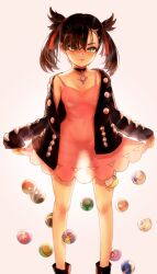 Rule 34 | 1girl, akatsuki (akatsukinotsuki), black hair, black jacket, blush, boots, clothes lift, collarbone, commentary request, creatures (company), dress, dress lift, dusk ball, game freak, great ball, green eyes, heal ball, jacket, knees, lifted by self, long sleeves, love ball, marnie (pokemon), master ball, medium hair, moon ball, nest ball, nintendo, off shoulder, open clothes, open jacket, pink dress, poke ball, poke ball (basic), pokemon, pokemon swsh, quick ball, repeat ball, smile, solo, twintails, white background