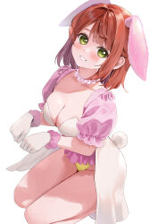 Rule 34 | 1girl, :d, animal ears, bare legs, bead necklace, beads, blush, breasts, brown hair, cleavage, collarbone, fake tail, gloves, green eyes, grin, groin, highres, hinami riku, jewelry, kneeling, large breasts, looking at viewer, love live!, love live! nijigasaki high school idol club, necklace, open mouth, parted lips, paw pose, puffy short sleeves, puffy sleeves, rabbit ears, rabbit tail, short hair, short sleeves, simple background, smile, solo, tail, thighs, uehara ayumu, white background, white gloves