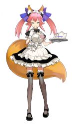 Rule 34 | 10s, 1girl, alternate costume, animal ear fluff, animal ears, closed eyes, cup, enmaided, fate/extra, fate (series), fox ears, fox tail, full body, hair between eyes, hair ribbon, hairband, legs, maid, official alternate costume, official art, pink hair, plate, ribbon, smile, solo, standing, tail, tamamo (fate), tamamo no mae (fate/extra), teacup, thighhighs, transparent background, twintails, wada arco, yellow eyes