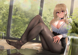 Rule 34 | 1girl, absurdres, alternate costume, azur lane, black choker, black skirt, blonde hair, blurry, blurry background, blurry foreground, blush, breasts, brown pantyhose, choker, closed mouth, collarbone, commentary request, depth of field, dutch angle, eyelashes, feet, fine fabric emphasis, foreshortening, full body, glasses, hair between eyes, highres, implacable (azur lane), implacable (shepherd of the &quot;lost&quot;) (azur lane), indoors, knees up, large breasts, legs, lens flare, long legs, long sleeves, miniskirt, nail polish, no shoes, office lady, orange eyes, pantyhose, partially unbuttoned, pencil skirt, plant, potted plant, shiny clothes, shirt, sidelocks, sitting, skirt, soles, solo, spill, spread toes, thighs, toes, turboflower, water, wet, wet clothes, wet shirt, white shirt, window, wooden floor