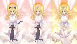 Rule 34 | 1girl, :d, angel wings, animal, animal ears, black cat, black cat (elona), blonde hair, breasts, cat, cat ears, cat girl, cat tail, cloud, dress, ehekatl of luck, elona, feathers, feet out of frame, flying, gold trim, halo, hands on own thighs, holding, holding animal, large breasts, light particles, long sleeves, looking at viewer, misono mitama, multiple views, open mouth, own hands together, robe, sky, smile, tail, v arms, variations, white dress, white wings, wide sleeves, wings