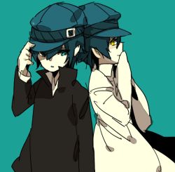 Rule 34 | 2girls, androgynous, atlus, bad id, bad pixiv id, blue eyes, blue hair, cabbie hat, colored skin, crossdressing, dark persona, dual persona, hand on headwear, hat, jacket, lab coat, long sleeves, looking down, multiple girls, open mouth, persona, persona 4, reverse trap, shadow (persona), shirogane naoto, smile, standing, sugiyama08, white skin, yellow eyes