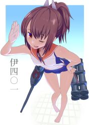 Rule 34 | 10s, 1girl, bent over, brown eyes, brown hair, hair ornament, highres, i-401 (kancolle), ishikkoro, kantai collection, looking at viewer, machinery, no pants, one eye closed, open mouth, ponytail, school swimsuit, school uniform, serafuku, shirt, smile, solo, swimsuit, swimsuit under clothes