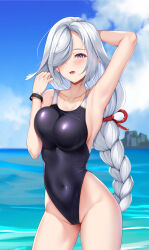 Rule 34 | 1girl, armpits, blue eyes, braid, breasts, competition swimsuit, covered navel, cowboy shot, genshin impact, gradient eyes, grey hair, hair over one eye, highleg, highres, large breasts, long bangs, long hair, looking at viewer, low-braided long hair, low-tied long hair, matrix16, multicolored eyes, one-piece swimsuit, one eye covered, shenhe (genshin impact), solo, swimsuit, thighs, very long hair