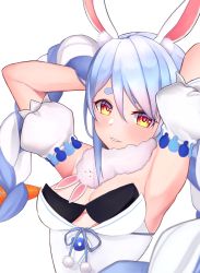 Rule 34 | 1girl, animal ear fluff, animal ears, armpits, arms behind head, blue hair, blush, braid, breasts, cleavage, commentary request, detached sleeves, grin, highres, hololive, looking at viewer, medium breasts, mugichapossible, multicolored hair, orange eyes, pom pom (clothes), rabbit ears, smile, solo, streaked hair, swept bangs, symbol-shaped pupils, thick eyebrows, twintails, upper body, usada pekora, usada pekora (1st costume), virtual youtuber, white hair