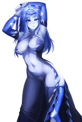 Rule 34 | 1girl, armpits, arms up, barbariank, blue dress, blue eyes, blue hair, blue skin, blue theme, blue thighhighs, blush, breasts, colored skin, commentary, contrapposto, detached sleeves, dress, english commentary, hair between eyes, highres, ice, ice queen (monster girl encyclopedia), large breasts, leaning to the side, long hair, looking at viewer, monster girl, monster girl encyclopedia, monster girl encyclopedia ii, navel, no panties, open clothes, open dress, parted lips, revealing clothes, revision, see-through, simple background, skindentation, solo, standing, thighhighs, transparent background, white background