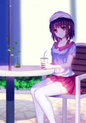 Rule 34 | 1girl, black hair, chair, collarbone, cup, drinking straw, grey eyes, hat, highres, jewelry, katou megumi, long legs, looking at viewer, meng xiao jiong, necklace, saenai heroine no sodatekata, shirt, short hair, short sleeves, sitting, skirt, smile, solo, table, thighhighs, vase, white thighhighs, zettai ryouiki