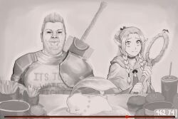 Rule 34 | 1boy, 1girl, absurdres, armor, braid, burger, capelet, chikorita, choker, closed mouth, clothes writing, commentary, constricted pupils, creature, creatures (company), crossover, dungeon meshi, elf, english commentary, fast food, fat, fat man, food, french fries, game freak, gen 2 pokemon, greyscale, highres, holding, holding staff, hood, hood down, hooded capelet, long hair, looking at viewer, low twin braids, mage staff, marcille donato, monochrome, mukbang, nick xinderz, nikocado avocado, nintendo, parody, pointy ears, pokemon, pokemon (creature), real life, short hair, soda, spot color, staff, sword, table, tears, timestamp, twin braids, upper body, weapon, weapon on back
