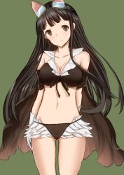 Rule 34 | 10s, 1girl, animal ears, bikini, black bikini, black hair, blush, breasts, brown eyes, brown hair, cape, cleavage, cowboy shot, front-tie top, gloves, goggles, goggles on head, granblue fantasy, highres, jessica (granblue fantasy), long hair, looking at viewer, navel, simple background, smile, solo, swimsuit, white gloves, yutarahha