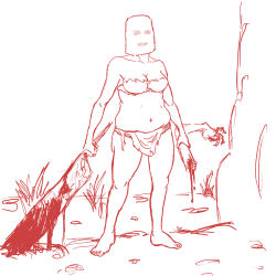 Rule 34 | 1girl, artist request, bag on head, barefoot, bikini, blood, breasts, cleavage, dark souls (series), dark souls i, loincloth, maneater mildred, medium breasts, monochrome, navel, plump, simple background, solo, standing, strapless, strapless bikini, swimsuit, tagme, weapon, white background