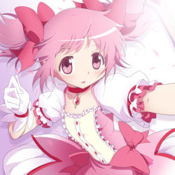 Rule 34 | 1girl, commentary request, dress, gloves, hair ribbon, kaname madoka, magical girl, mahou shoujo madoka magica, mahou shoujo madoka magica (anime), medium hair, pink eyes, pink hair, ribbon, solo, twintails, yazwo