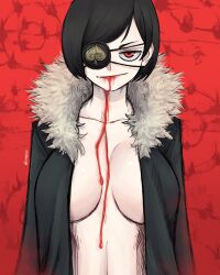 Rule 34 | 1girl, absurdres, black clover, black hair, blood, blood drip, blood on face, breasts, coat, coat only, eye contact, eyepatch, female focus, highres, large breasts, limn044, looking at another, looking at viewer, red eye, red eyes, short hair, staring, text focus, vanica zogratis