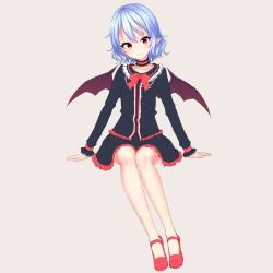 Rule 34 | 1girl, absurdres, arm garter, bat wings, black shirt, blue hair, bow, bowtie, choker, frilled choker, frilled shirt collar, frilled skirt, frilled sleeves, frills, full body, hair between eyes, highres, junior27016, long sleeves, looking at viewer, mary janes, no socks, pointy ears, purple background, red bow, red bowtie, red eyes, red footwear, remilia scarlet, shirt, shoes, short hair, simple background, sitting, skirt, smile, solo, touhou, wings