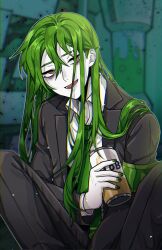 Rule 34 | 1boy, 3cnfw, bags under eyes, black jacket, black pants, can, collared shirt, green hair, green nails, green necktie, highres, holding, holding can, jacket, lobotomy corporation, long hair, long sleeves, looking to the side, necktie, netzach (project moon), open mouth, pants, project moon, shirt, sidelocks, sitting, smile, solo, very long hair, white shirt, yellow eyes