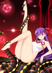 Rule 34 | 1girl, barefoot, bb (fate), bb (fate), bb (fate/extra), blush, fate/grand order, fate (series), feet, hair ribbon, leg up, leotard, long hair, looking at viewer, ponytail, ppshex, purple eyes, purple hair, ribbon, smile, soles, toes