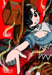 Rule 34 | 1girl, bandana, black dress, black hair, black wings, blue shirt, breasts, cleavage, clenched teeth, cowboy hat, dress, from above, hat, hatching (texture), highres, kurokoma saki, looking at viewer, medium breasts, neruzou, pointing, pointing down, red background, red eyes, shirt, solo, teeth, touhou, white bandana, wings