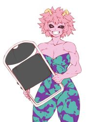 Rule 34 | 1girl, ashido mina, black sclera, boku no hero academia, breasts, chair, cleavage, colored sclera, colored skin, cowboy shot, folding chair, grin, hanzo (2929), highres, horns, looking at viewer, muscular, muscular female, pink hair, pink skin, short hair, smile, solo, standing, unitard, white background, yellow eyes