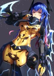 Rule 34 | 1girl, blue hair, blush, bodysuit, breasts, cowboy shot, gradient hair, hand up, headgear, long hair, medium breasts, multicolored hair, orange bodysuit, parted lips, phantasy star, phantasy star online 2, pink hair, quna (pso2), shaded face, skin tight, solo, twintails, two-tone hair, weapon, yellow eyes, yukikaze (aaassszzz), zelsius