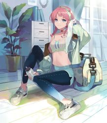 Rule 34 | 1girl, arknights, arm up, bag, bare shoulders, blue eyes, blue poison (arknights), blue poison (shoal beat) (arknights), blue shorts, book, braid, breasts, bright pupils, choker, cleavage, closed mouth, collarbone, curtains, dolphin shorts, duffel bag, earrings, eihi, full body, green hairband, green jacket, grey footwear, hairband, holding, holding towel, indoors, jacket, jewelry, knee up, leggings, leggings under shorts, long hair, long sleeves, looking at viewer, navel, off shoulder, official alternate costume, on floor, open clothes, open jacket, pantyhose, pink choker, pink hair, plant, potted plant, shelf, shoes, short shorts, shorts, signature, sitting, small breasts, smile, sneakers, solo, sports bra, stomach, stud earrings, towel, twin braids, window, wooden floor