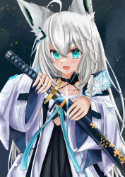 Rule 34 | absurdres, ahoge, air cooorn, animal ear fluff, animal ears, black dress, blue nails, blush, braid, choker, collarbone, commentary request, dog tags, dress, earrings, fox ears, fox girl, glint, green eyes, hair between eyes, highres, holding, holding sheath, holding sword, holding weapon, hololive, hololive gamers, jacket, jewelry, long hair, looking at viewer, nail polish, open clothes, open jacket, open mouth, sheath, shirakami fubuki, shirakami fubuki (fubukitek), sidelocks, single braid, solo, sword, unsheathing, virtual youtuber, weapon, white hair, white jacket, white nails