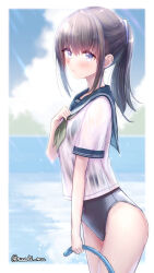 Rule 34 | 1girl, black hair, blue eyes, embarrassed, empty pool, hand on own chest, highres, holding, holding hose, hose, nushi ma, one-piece swimsuit, original, outdoors, ponytail, pool, school swimsuit, school uniform, see-through, serafuku, solo, swimsuit, swimsuit under clothes, wet, wet clothes