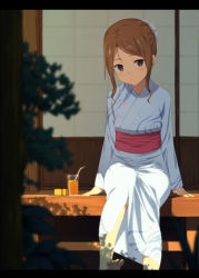 Rule 34 | 1girl, bad id, bad pixiv id, barefoot, bendy straw, blurry, blush, brown eyes, brown hair, cup, depth of field, drinking straw, feet, japanese clothes, kimono, kinta (distortion), letterboxed, looking at viewer, obi, original, sash, short hair with long locks, sitting, solo, toes, yukata