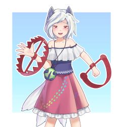 Rule 34 | 1girl, absurdres, animal ears, black shirt, collarbone, commentary, dog ears, dog tail, bear trap, frilled skirt, frills, highres, littiecy, mitsugashira enoko, multiple tails, open mouth, red eyes, red skirt, shirt, short hair, short sleeves, skirt, smile, solo, tail, touhou, unfinished dream of all living ghost, white hair