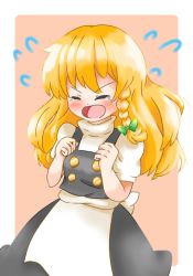 Rule 34 | 1girl, apron, bad id, bad pixiv id, blonde hair, blush, braid, clenched hands, crying, d:, d:&lt;, flying teardrops, kirisame marisa, natsune ilasuto, open mouth, simple background, single braid, solo, tears, touhou, turtleneck, v-shaped eyebrows, vest, waist apron