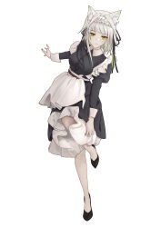 Rule 34 | 1girl, absurdres, arknights, black dress, black footwear, black ribbon, breasts, dress, full body, green eyes, green nails, grey hair, hair ribbon, highres, kal&#039;tsit (arknights), leg up, long sleeves, looking at viewer, maid, nail polish, official alternate costume, puppy (user kfpt4478), ribbon, simple background, small breasts, solo, standing, standing on one leg, white background