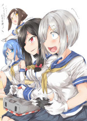 Rule 34 | 10s, 4girls, absurdres, bare shoulders, beret, black hair, blue eyes, blue hair, blush, breasts, brown hair, commentary request, controller, double bun, elbow gloves, game controller, gloves, hair bun, hair ornament, hairclip, hamakaze (kancolle), hat, highres, isokaze (kancolle), kantai collection, long hair, multiple girls, nagisa (imizogami), neckerchief, open mouth, playing games, pleated skirt, red eyes, rensouhou-chan, sailor collar, school uniform, serafuku, short hair, silver hair, skirt, smile, tanikaze (kancolle), translation request, urakaze (kancolle), white gloves, white hat, yellow eyes, yellow neckerchief