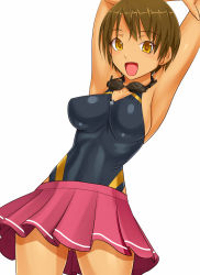 Rule 34 | 1girl, absurdres, armpits, arms up, brown eyes, brown hair, competition swimsuit, goggles, goggles around neck, has bad revision, has downscaled revision, highres, md5 mismatch, morozou, one-piece swimsuit, open mouth, original, resolution mismatch, skirt, solo, source smaller, swimsuit, swimsuit under clothes