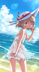 Rule 34 | 1girl, :p, akanbe, aoi kujira, blonde hair, blue eyes, blue sky, bob cut, casual, cloud, cloudy sky, commentary, day, dress, eyelid pull, from side, frown, girls und panzer, hat, hat ribbon, highres, horizon, katyusha (girls und panzer), lens flare, looking at viewer, ocean, one eye closed, open mouth, ribbon, see-through, short dress, short hair, sky, solo, spaghetti strap, standing, sun hat, sundress, tongue, tongue out, water, waves, white dress, white hat