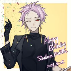 Rule 34 | 1boy, black gloves, black jacket, black sweater, character name, chinese commentary, commentary request, confetti, earrings, english text, gloves, grin, happy birthday, highres, jacket, jewelry, kyoko (akakikyoko), long sleeves, male focus, one eye closed, open clothes, open jacket, pink hair, saibou shinkyoku, short hair, smile, solo, sweater, theodore riddle, turtleneck, turtleneck sweater, upper body
