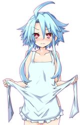 Rule 34 | 1girl, apron, bare shoulders, blue hair, blush, breasts, closed mouth, collarbone, commentary, commentary request, cowboy shot, hair between eyes, iwashi dorobou -r-, looking at viewer, naked apron, neptune (series), power symbol, power symbol-shaped pupils, red eyes, short hair with long locks, simple background, small breasts, solo, symbol-shaped pupils, white apron, white background, white heart (neptunia)