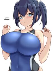 Rule 34 | 1girl, black one-piece swimsuit, blue eyes, blue hair, blue one-piece swimsuit, blush, breasts, competition swimsuit, covered navel, dated, hair ribbon, highleg, highleg swimsuit, highres, impossible clothes, impossible swimsuit, kantai collection, large breasts, looking at viewer, montemasa, multicolored clothes, multicolored swimsuit, one-hour drawing challenge, one-piece swimsuit, ribbon, short hair, simple background, smile, solo, souryuu (kancolle), swimsuit, twintails, twitter username, two-tone swimsuit, upper body, white background