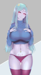Rule 34 | 1girl, :q, aqua hair, blue sweater, blush, breast suppress, breasts, chinese commentary, commentary request, cowboy shot, crop top, earrings, glowing, glowing eyes, gluteal fold, half-closed eyes, head tilt, jewelry, large breasts, licking lips, long hair, looking at viewer, navel piercing, nikuku (kazedesune), no pants, original, pale skin, panties, piercing, pubic tattoo, red eyes, red panties, red thighhighs, ring, simple background, solo, sweater, tattoo, thighhighs, tongue, tongue out, turtleneck, turtleneck sweater, underwear, wedding band