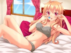 Rule 34 | 1girl, :p, artist self-insert, bed sheet, blonde hair, bra, breasts, candy, collarbone, curtains, food, grey bra, grey panties, highres, indoors, looking at viewer, lying, navel, nottytiffy, on back, on bed, original, panties, pillow, red eyes, saliva, saliva trail, solo, sports bra, stomach, tiffy (nottytiffy), tongue, tongue out, underwear, underwear only, window