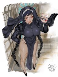 Rule 34 | 1girl, black dress, black footwear, black hair, black headwear, black panties, border, bowl, braid, breasts, chibi, cold pack, commentary, covered erect nipples, covered navel, cross, dress, fingernails, full body, habit, highres, holding, large breasts, latin cross, long hair, long sleeves, looking up, nun, original, panties, parted lips, pelvic curtain, red eyes, red nails, scar, scar on leg, side slit, slit pupils, smile, solo, standing, thighs, twin braids, twintails, underwear, veil, very long hair, waonwaowao3, white border