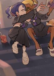 Rule 34 | 2girls, aged down, book, dark-skinned female, dark skin, frye (splatoon), highres, holding, holding book, kiss, multiple girls, nintendo, po (moudameda17), ponytail, reaching, sailor, school uniform, shiver (splatoon), sitting, sitting on stairs, splatoon (series), splatoon 3, stairs, yuri