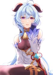 Rule 34 | 1girl, ahoge, bare shoulders, bell, black pantyhose, blue gloves, blue hair, blush, breasts, chinese knot, detached sleeves, flower knot, ganyu (genshin impact), genshin impact, gloves, gold trim, gratin2112, highres, horns, long hair, looking at viewer, medium breasts, neck bell, open mouth, pantyhose, purple eyes, sidelocks, sitting, smile, solo, tassel, thighlet, vision (genshin impact), white background, white sleeves