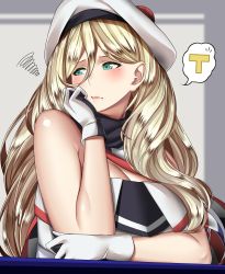 Rule 34 | 1boy, 1girl, bad id, bad twitter id, beret, blonde hair, blue eyes, blush, breasts, cleavage, closed mouth, dress, elbow rest, gloves, hair between eyes, hat, head rest, highres, kantai collection, kome cola, large breasts, lips, long hair, mole, mole under eye, mole under mouth, pom pom (clothes), richelieu (kancolle), scarf, sleeveless, sleeveless dress, squiggle, t-head admiral, upper body, white headwear