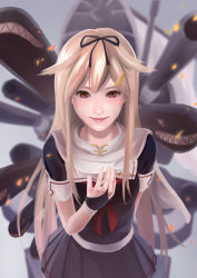 Rule 34 | 10s, 1girl, arm behind back, black gloves, black skirt, blonde hair, cannon, gloves, hair flaps, hair ornament, hair ribbon, hairclip, hand on own chest, kantai collection, leaning forward, lips, lipstick, long hair, looking at viewer, machinery, makeup, neckerchief, nose, pink lips, pleated skirt, qian li, red eyes, red neckerchief, ribbon, sailor collar, school uniform, serafuku, short sleeves, skirt, smile, solo, torpedo, turret, upper body, yuudachi (kancolle), yuudachi kai ni (kancolle)