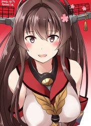 Rule 34 | 10s, 1girl, artist name, bare shoulders, blush, breasts, brown eyes, brown hair, collar, collarbone, commentary request, dated, eyebrows, hair between eyes, hair intakes, headgear, highres, kamelie, kantai collection, large breasts, long hair, looking at viewer, one-hour drawing challenge, open mouth, petals, ponytail, radio antenna, red background, simple background, solo, upper body, yamato (kancolle)
