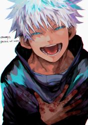 Rule 34 | 1boy, :d, black jacket, blood, blood on clothes, blood on hands, blue eyes, english text, gojou satoru, high collar, jacket, jujutsu kaisen, kuwoniagyu11112, long sleeves, looking at viewer, male focus, narrowed eyes, open mouth, short hair, simple background, smile, solo, teeth, upper body, white background, white hair