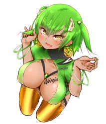 Rule 34 | 1girl, bangle, blush, bracelet, breasts, brooch, corocoma, earrings, fang, green hair, hair ornament, hands up, jewelry, kawasaki ninja zx-6r, large breasts, looking at viewer, nail polish, open mouth, original, personification, short hair, simple background, smile, solo, strap, tattoo, thighhighs, two side up, white background, yellow eyes, yellow thighhighs