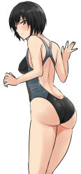Rule 34 | 1girl, amagami, ass, black hair, competition swimsuit, cowboy shot, highres, looking at viewer, looking back, nanasaki ai, one-piece swimsuit, short hair, simple background, solo, standing, swimsuit, two-tone swimsuit, white background, yoo tenchi