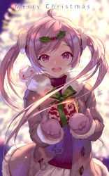 Rule 34 | 1girl, :&gt;, :d, ahoge, backlighting, banned artist, blurry, blurry background, christmas, christmas present, christmas tree, closed eyes, closed mouth, commentary, cowboy shot, fur trim, gift, gloves, hair ornament, hands up, highres, jacket, long hair, long sleeves, looking at viewer, midori foo, mistletoe, mittens, open clothes, open jacket, open mouth, original, parted bangs, pink eyes, pink hair, smile, solo, sparkle, teeth, twintails, upper teeth only, winter clothes