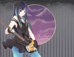 Rule 34 | 1girl, akiyama mio, alternate hairstyle, bass guitar, black eyes, black hair, blue pantyhose, don&#039;t say &quot;lazy&quot;, dress, fingerless gloves, gloves, hat, hime cut, instrument, k-on!, long hair, looking at viewer, mini hat, mini top hat, pantyhose, solo, top hat, very long hair